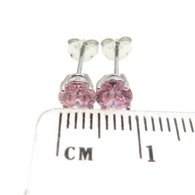 925 Sterling Silver Round-Cut Shaped Pink C Z Stud Earrings
