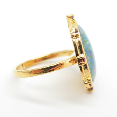925 Sterling Silver Gold Plated Real Opal Inlay & Amethyst Ring Size 7.25
