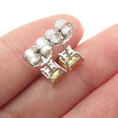 925 Sterling Silver Princess-Cut Shaped Canary C Z Stud Earrings