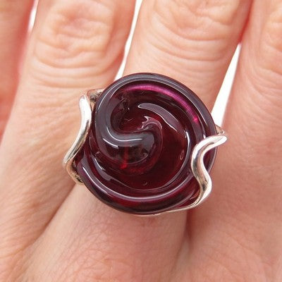 HAGIT GORALI Sterling Vintage Israel Grape Glass Spiral Modernist Ring Size 6.75