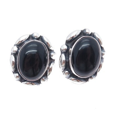 925 Sterling Silver Vintage Mexico Real Black Onyx Modernist Oxidized Earrings