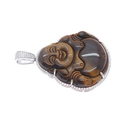 925 Sterling Silver Real Tiger Eye & C Z Buddha Pendant
