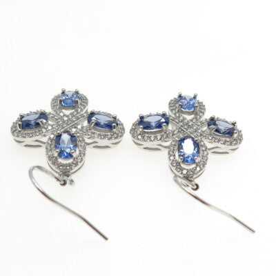 925 Sterling Silver White & Blue C Z Cross Dangling Hook Earrings