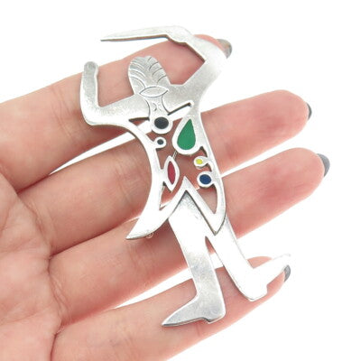 925 Sterling Silver Vintage Mexico Enamel Master Orchestrator Modernist Brooch