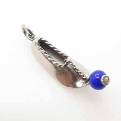 925 Sterling Silver Vintage Blue Glass Aladdin Khussa Slipper Charm Pendant