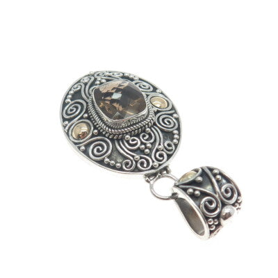 925 Sterling Silver & 18K Gold Vintage Real Smoky Quartz Spiral Scroll Pendant