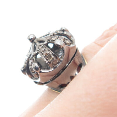 925 Sterling Silver Black Rhodium 2-Tone Real Diamond Crown Domed Ring Size 7.25