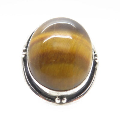 925 Sterling Silver Vintage Real Tiger Eye Gemstone Ring Size 3.75