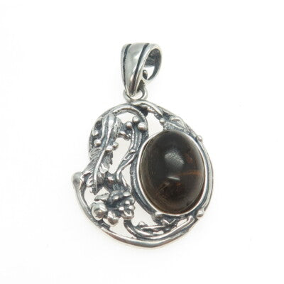 925 Sterling Silver Vintage Real Dark Amber Floral Leaf Pendant