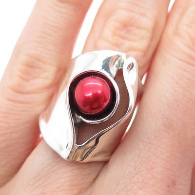 HAGIT GORALI 925 Sterling Silver Vintage Real Red Pearl Modernist Ring Size 6.25
