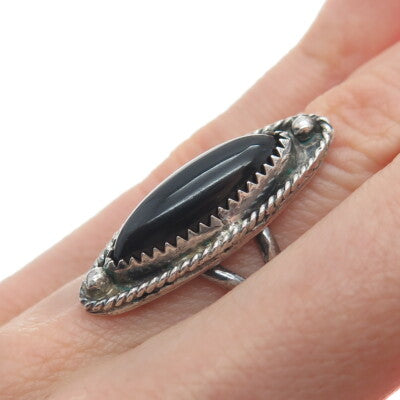 Old Pawn Sterling Silver Vintage Southwestern Black Onyx Oxidized Ring Size 5.5