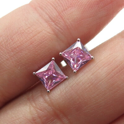 925 Sterling Silver Princess-Cut Shaped Pink C Z Stud Earrings