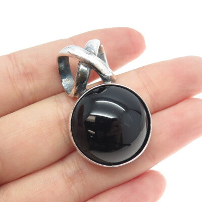 925 Sterling Silver Vintage Mexico Real Black Onyx Modernist Pendant