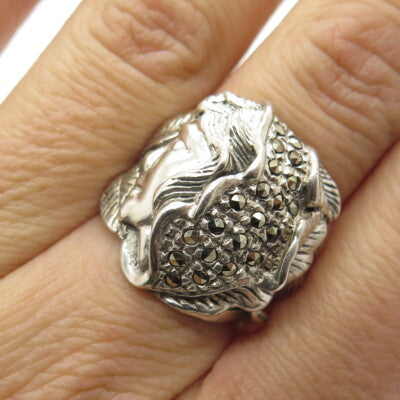 925 Sterling Silver Vintage Real Marcasite Gem Art-Nouveau-Girl Ring Size 6