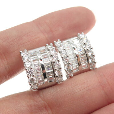 925 Sterling Silver Round & Emerald-Cut White C Z Hoop Earrings