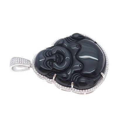 925 Sterling Silver Real Black Onyx & C Z Buddha Pendant