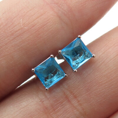 925 Sterling Silver Princess-Cut Shaped Swiss Blue C Z Stud Earrings