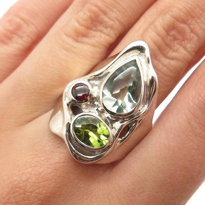 HAGIT GORALI Sterling Vintage Real Prasiolite Garnet & Peridot Ring Size 9.25