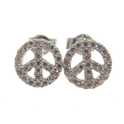 925 Sterling Silver Round-Cut Shaped C Z Symbol of Peace Stud Earrings
