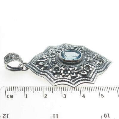 925 Sterling Silver Vintage Real Blue Topaz Floral Blossom Oxidized Pendant
