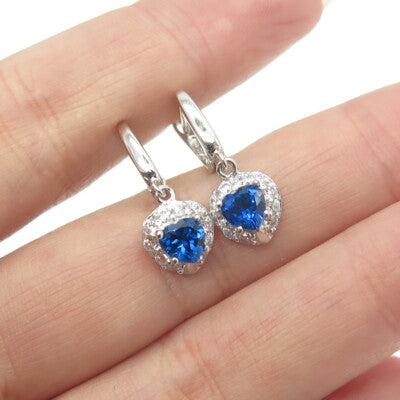 925 Sterling Silver White & Blue C Z Heart Dangling Earrings