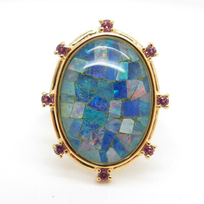 925 Sterling Silver Gold Plated Real Opal Inlay & Amethyst Ring Size 7.25