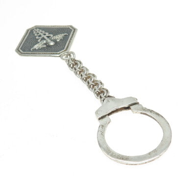 925 Sterling Silver Vintage Mexico Caduceus Key Ring w/Chain