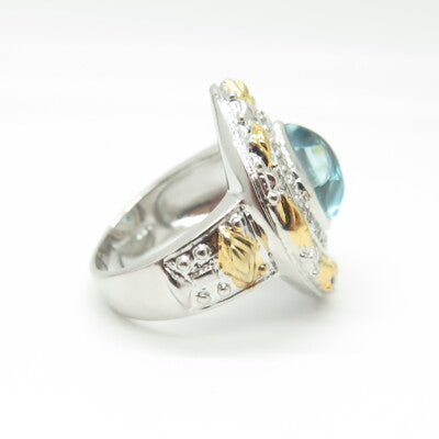 925 Sterling Silver 2-Tone Blue Glass & C Z Statement Ring Size 7