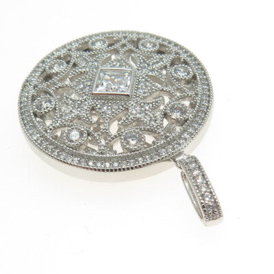 925 Sterling Silver Round-Cut C Z Fleur de Lis Round Pendant