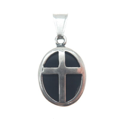 925 Sterling Silver Vintage Real Black Onyx Gem Cross Oval Minimalist Pendant