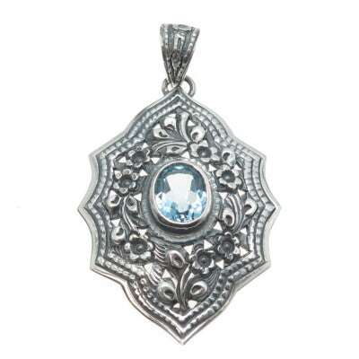 925 Sterling Silver Vintage Real Blue Topaz Floral Blossom Oxidized Pendant