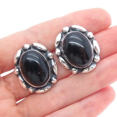925 Sterling Silver Vintage Mexico Real Black Onyx Modernist Oxidized Earrings