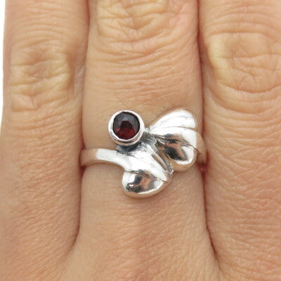 925 Sterling Silver Vintage Real Read Garnet Floral Bypass Ring Size 7.75
