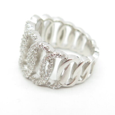 925 Sterling Silver Pave C Z Oval Chain Ring Size 6.25