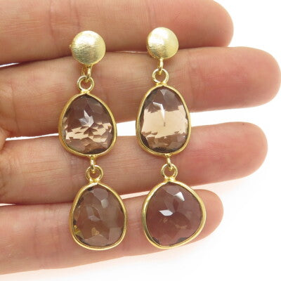 925 Sterling Silver Gold Plated Vintage Smoky Quartz Modernist Dangle Earrings