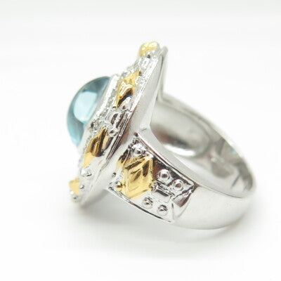 925 Sterling Silver 2-Tone Blue Glass & C Z Statement Ring Size 7