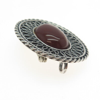 925 Sterling Silver Vintage Real Carnelian Gemstone Ethnic Pin Brooch / Pendant