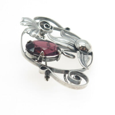 925 Sterling Silver Antique Art Deco Pink Glass Floral Pin Brooch