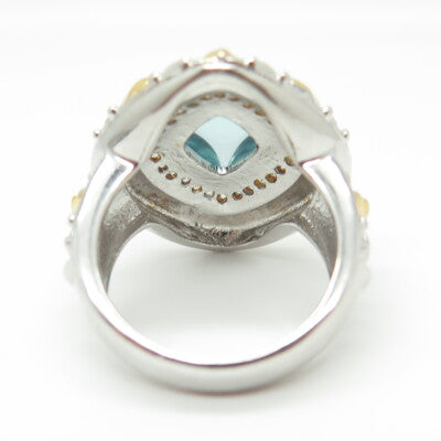 925 Sterling Silver 2-Tone Blue Glass & C Z Statement Ring Size 7