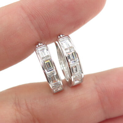 925 Sterling Silver Emerald-Cut C Z Hoop Earrings