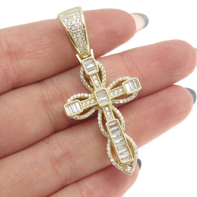 925 Sterling Silver Gold Plated Baguette & Round-Cut Cross Pendant