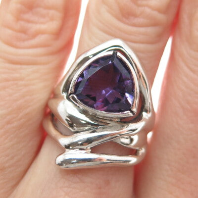 HAGIT GORALI 925 Sterling Silver Vintage Real Amethyst Gem Modernist Ring Size 6