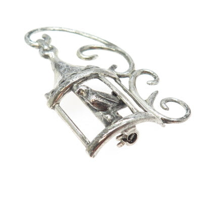 LANG 925 Sterling Silver Antique Art Deco Bird in a Cage Pin Brooch
