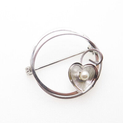 DE CURTIS Sterling Silver Antique Art Deco Real Pearl Heart Circle Pin Brooch