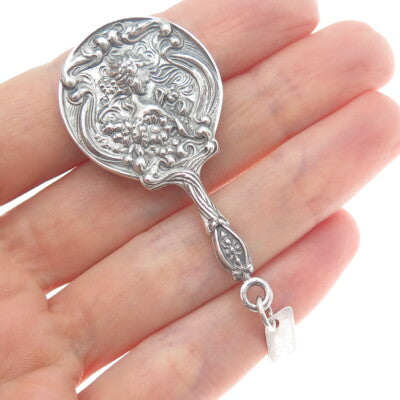 REO CO. Sterling Silver Antique Art Deco Repousse Hand Mirror Oxidized Pendant