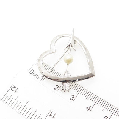 925 Sterling Silver Antique Art Deco Real Pearl Heart & Arrow Pin Brooch