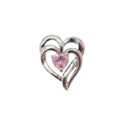 SAI 925 Sterling Silver Pink C Z Double Heart Minimalist Slide Charm Pendant