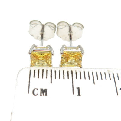 925 Sterling Silver Princess-Cut Shaped Canary C Z Stud Earrings