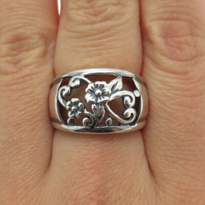 925 Sterling Silver Vintage Flower Blossom Oxidized Ring Size 7.25