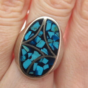Old Pawn 925 Sterling Silver Vintage Southwestern Turquoise Inlay Ring Size 8.5